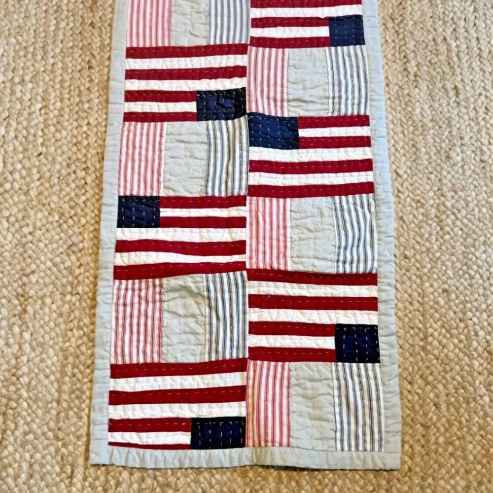 Pottery Barn Quilted Table Runner U.S. Flag 93 x 18 Red White & Blue Reversible